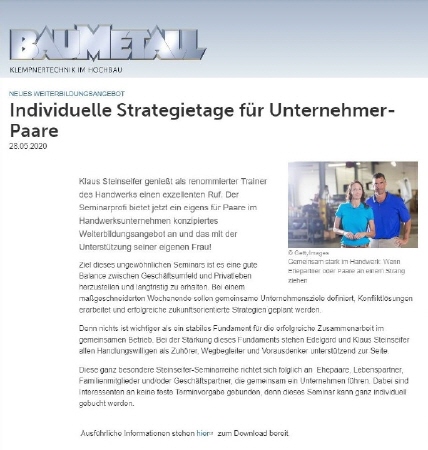 Individuelle Strategietage für Unternehmerpaare | BAUMETALL im Juni 2020