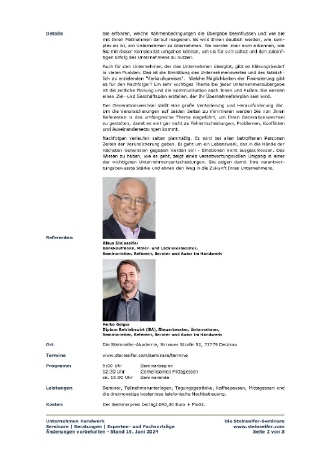 Inhalt Seminar Generationswechsel von und mit Klaus Steinseifer und Heiko Geiger in der Steinseifer-Akademie 2